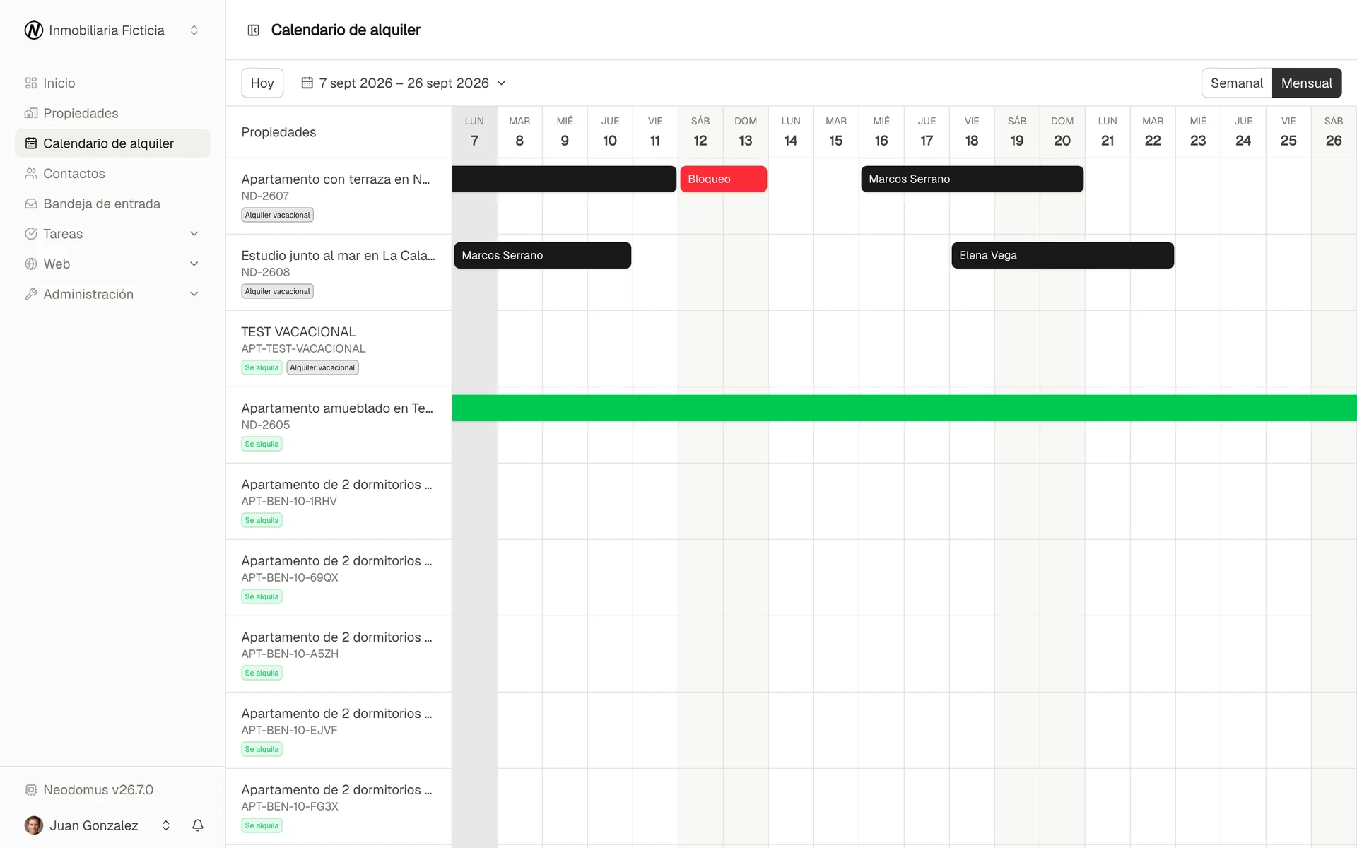 Calendario mensual de alquileres, reservas y bloqueos
