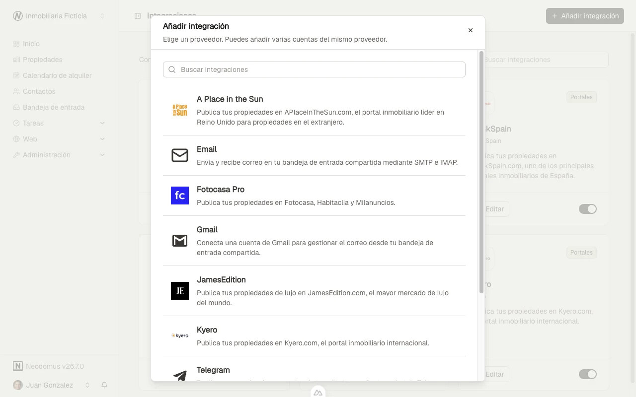 Catálogo de proveedores en el panel de integraciones