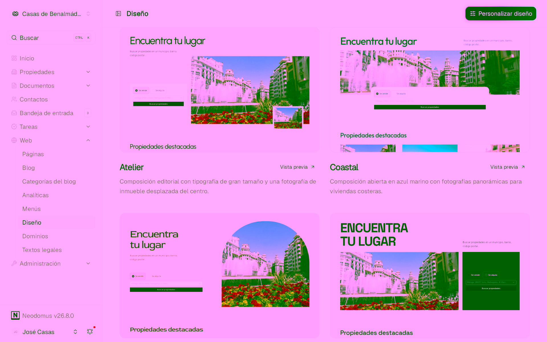 Catálogo de diseños web de Neodomus con vistas previas de las distintas familias