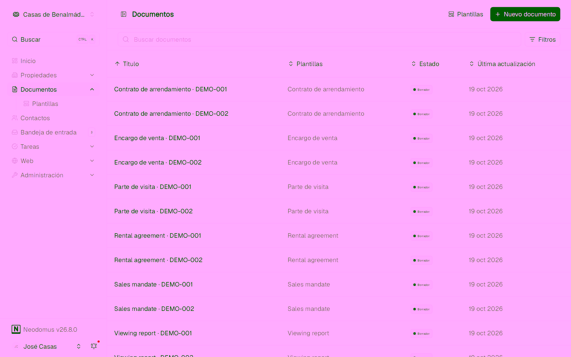 Listado de documentos de demostración vinculados al trabajo de la inmobiliaria
