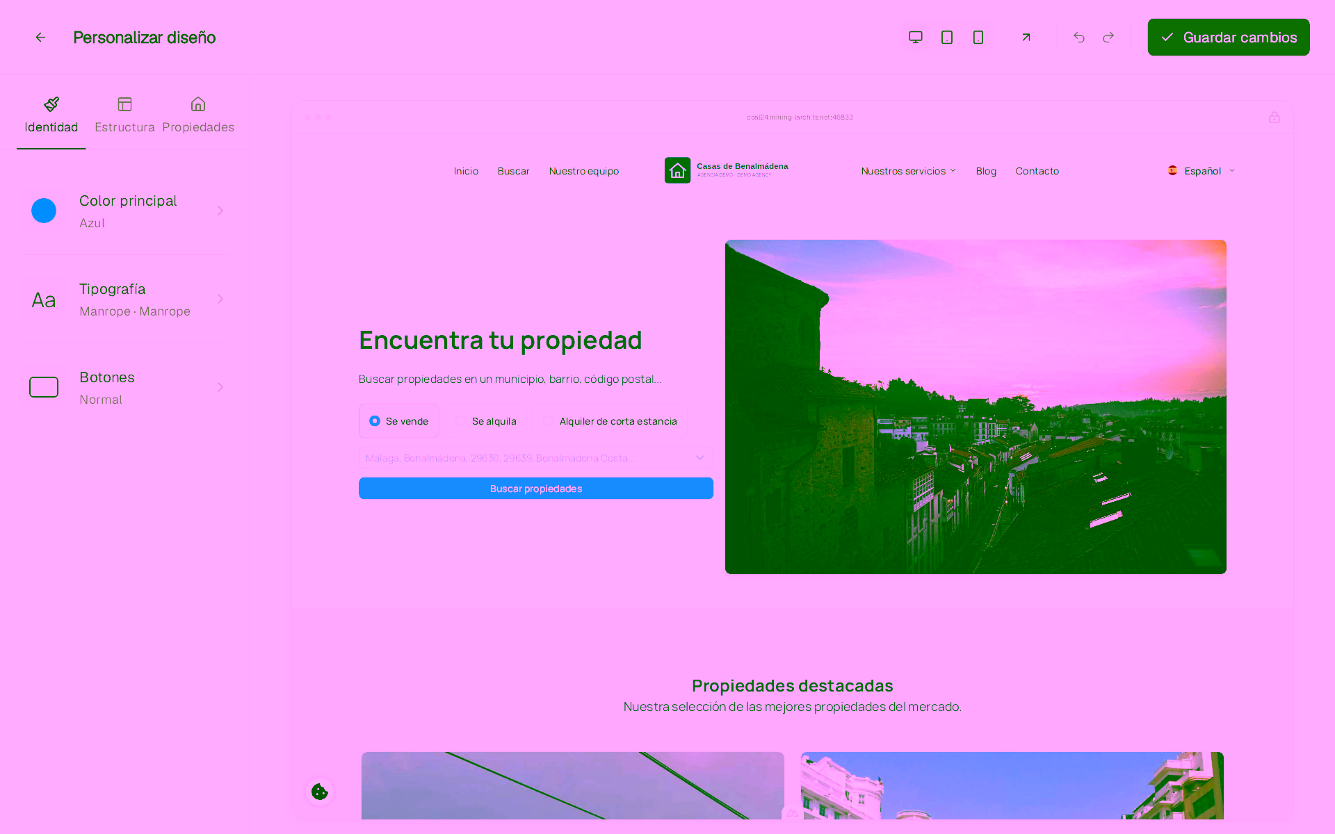 Editor de diseño con ajustes de identidad y vista previa de la web de demostración