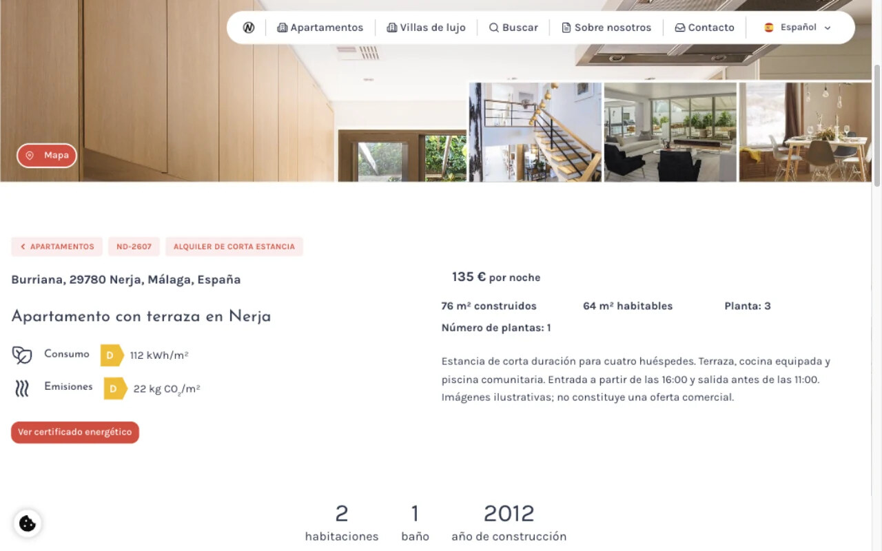 Ficha pública de un inmueble con fotografías, descripción, precio y características