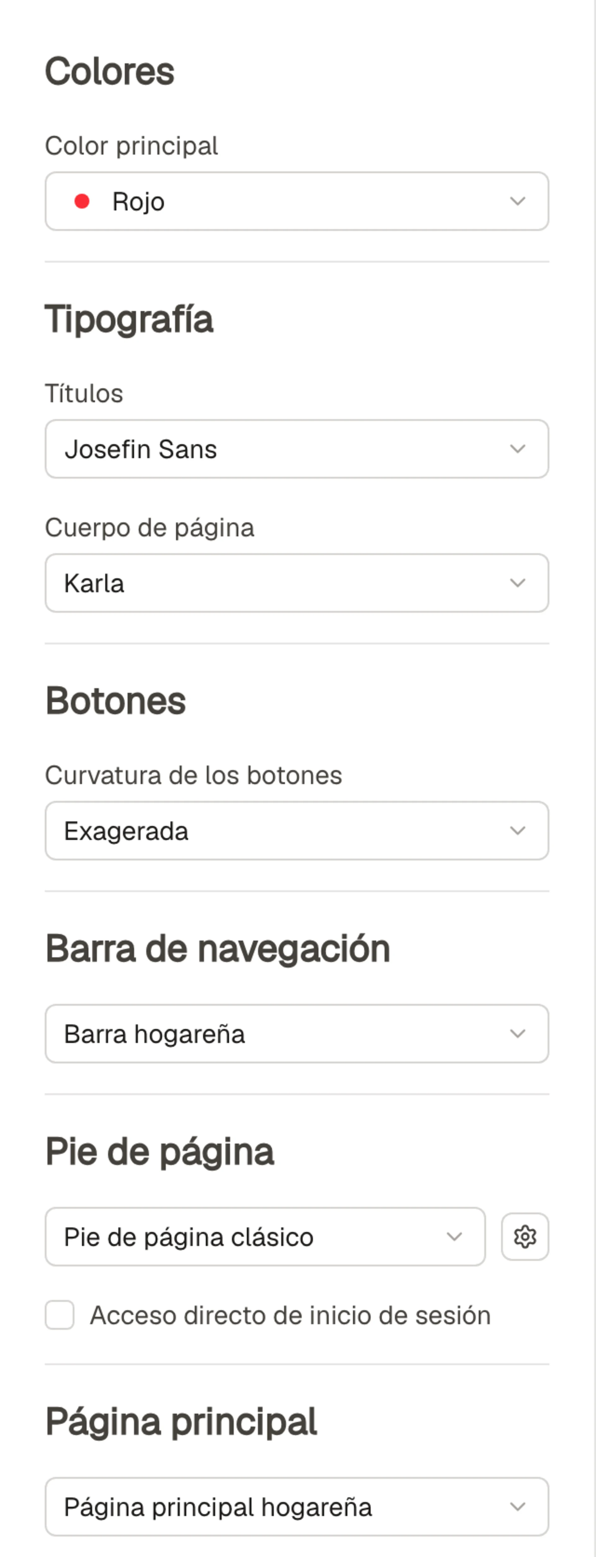 Controles de colores, tipografías y componentes del diseño web