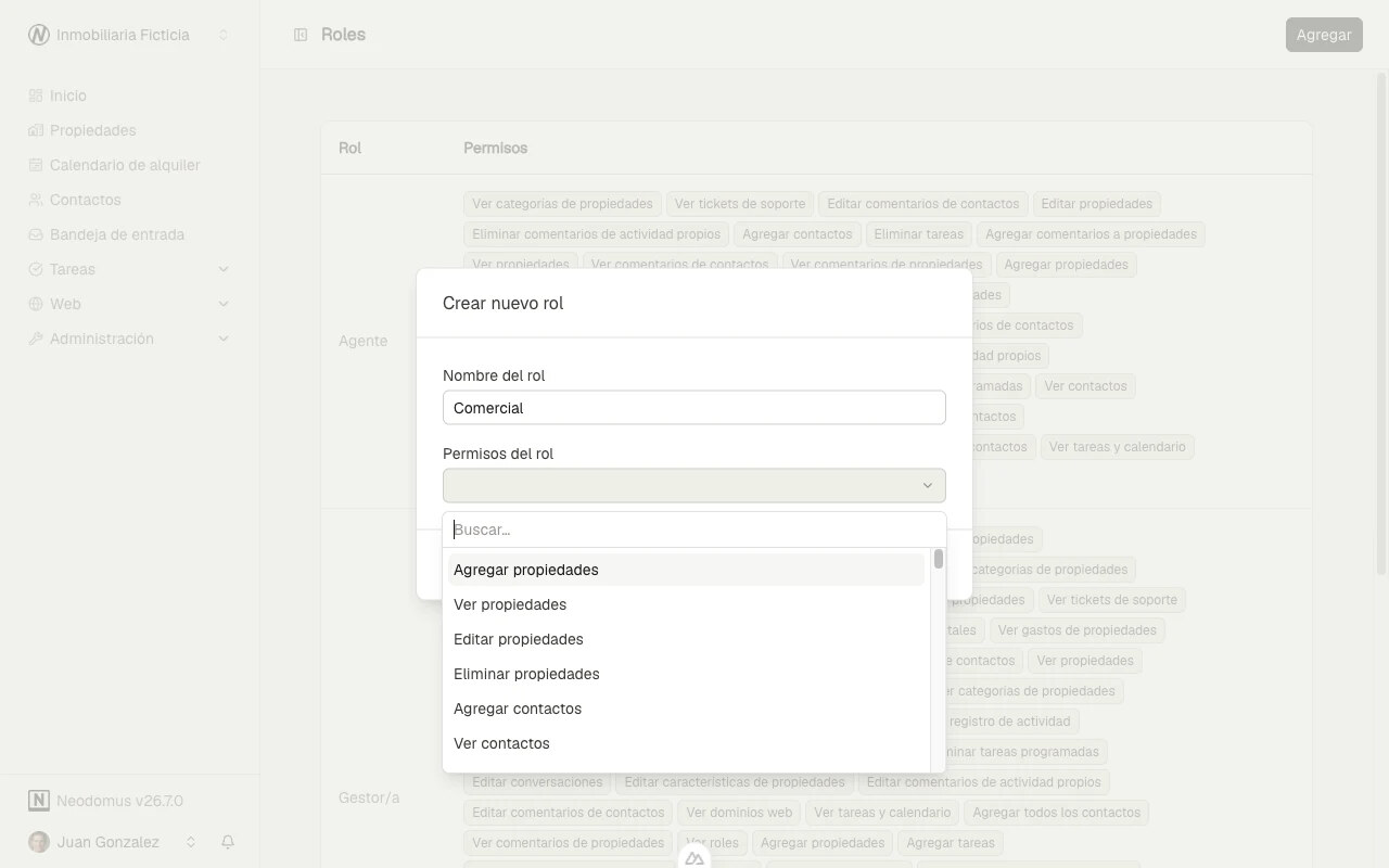 Selector de permisos al preparar un nuevo rol para el equipo