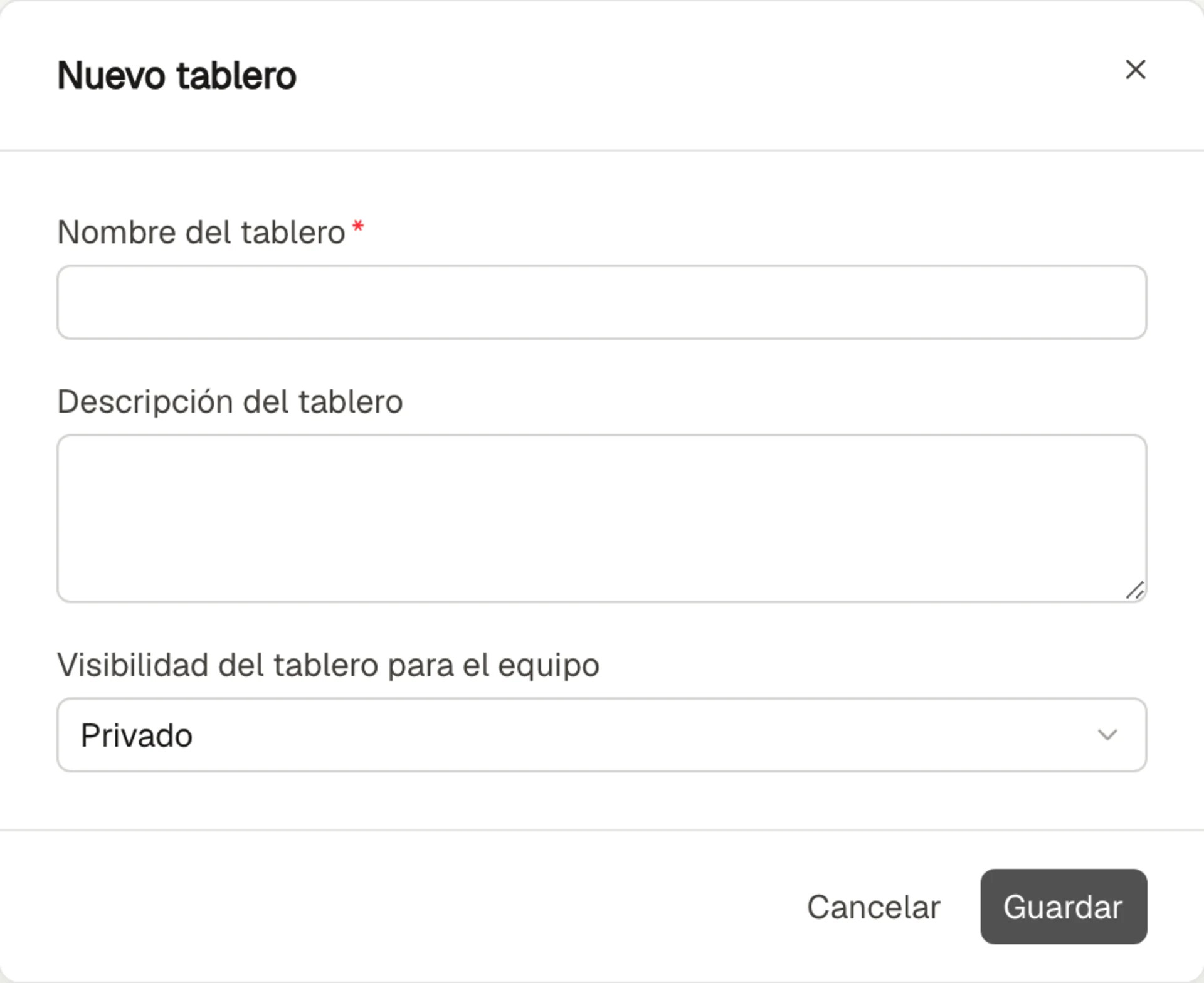 Formulario para crear un tablero y elegir su visibilidad