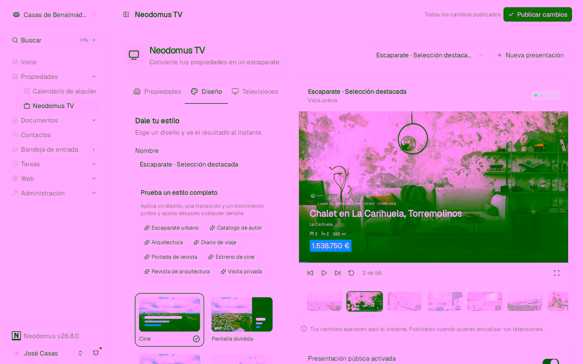 Estudio de Neodomus TV con una presentación de inmuebles de la Costa del Sol
