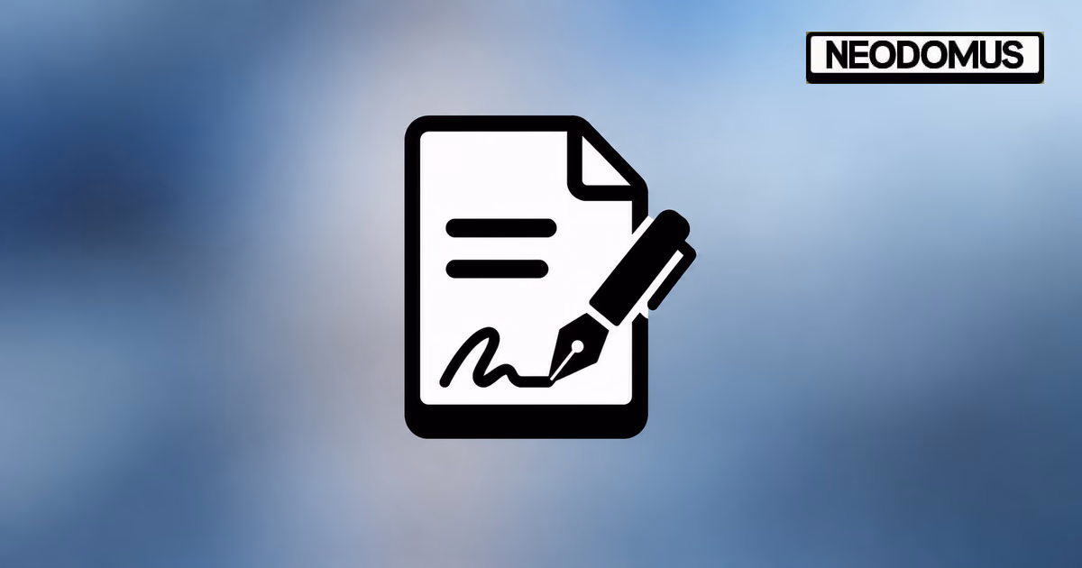 Documento con firma y pluma sobre fondo azul grisáceo desenfocado, con el logotipo de Neodomus